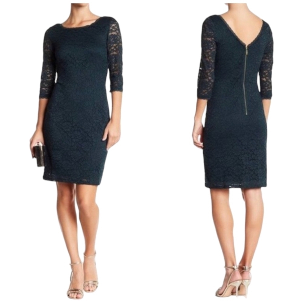 NWT $128 Eliza J Women's Knee Length 3/4 Sleeve Black Lace Cocktail Dress, 10